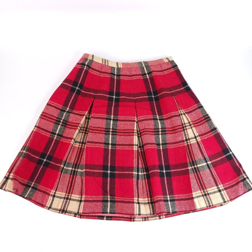 VTG Garland Skirt Womens 26 x 22 Plaid 100% Wool Red Black Tan Tartan Pleated